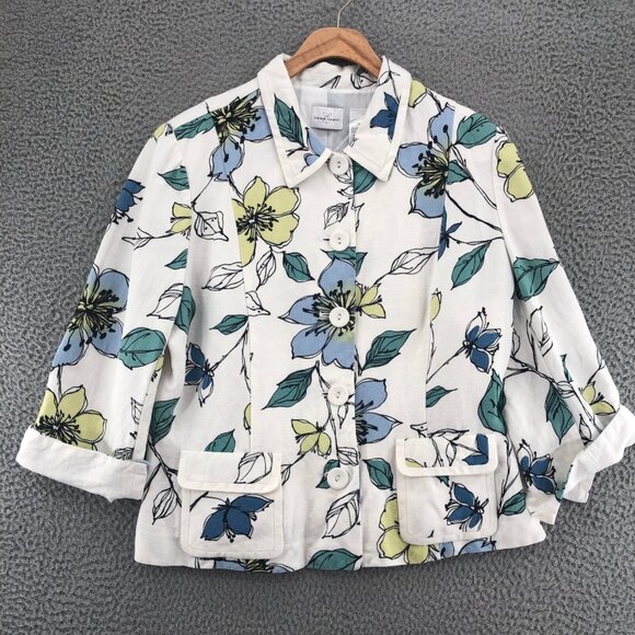 Emma James Jacket Womens 14 Blue Floral Linen Blend Button Collared 3/4 Sleeves - Picture 1 of 11